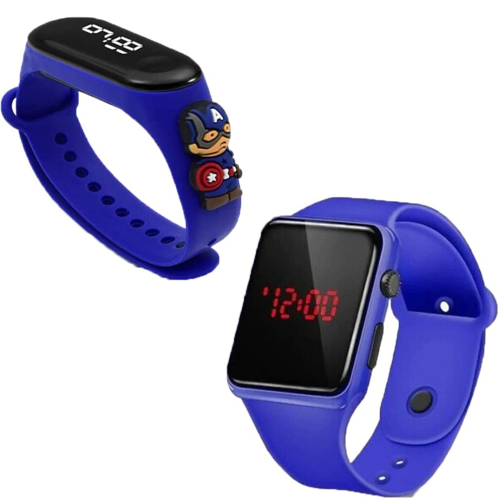 GOLDENIZE FASHION Digital Cartoon Dial Touch Display Waterproof Rectangular and Square Day and Date Black Smart Band Wrist Watches for Kids, Boy's &Girl's (Combo of 2) (Captain America)