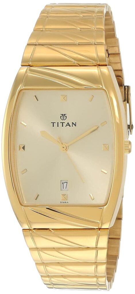 Titan Rectangle Champagne Dial Analog with Date Stainless Steel Strap watch for Men-NS9315YM02/NT9315YM02