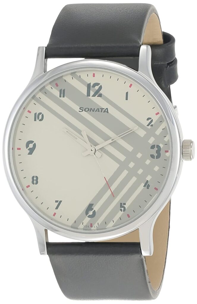 Sonata Smart Plaid Quartz Analog White Dial Leather Strap Watch for Men-NS77105SL01W/NT77105SL01W