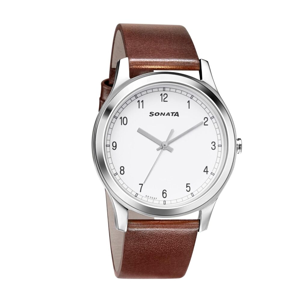 Sonata Quartz Analog White Dial Leather Strap Watch for Men-NS7135SL03/NT7135SL03