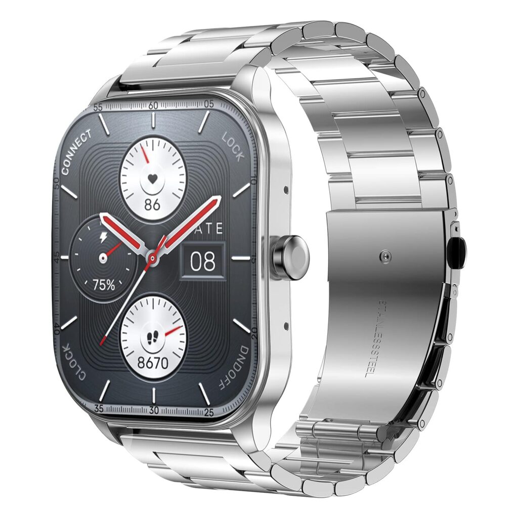 Pop 3S Smart Watch with 1.96" AMOLED Display, BT Calling, SpO2, 12-Day Battery Life, 304 Stainless Steel, AI Voice Assistance, 100 Sports Modes, 24H HR Monitor, Music Control (Metallic Sliver)