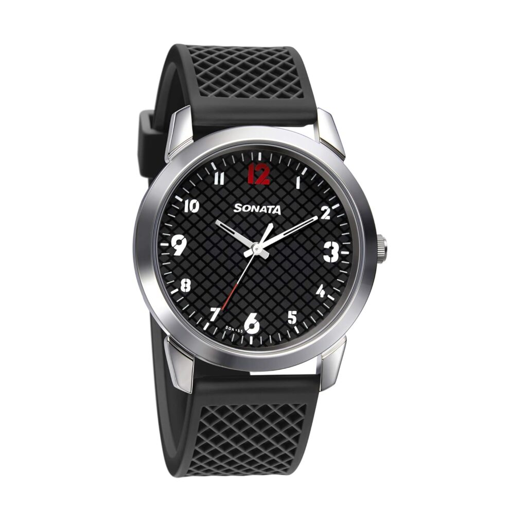 Sonata Smart Plaid Quartz Analog Black Dial TPU Strap Watch for Men-NP77107SP02W