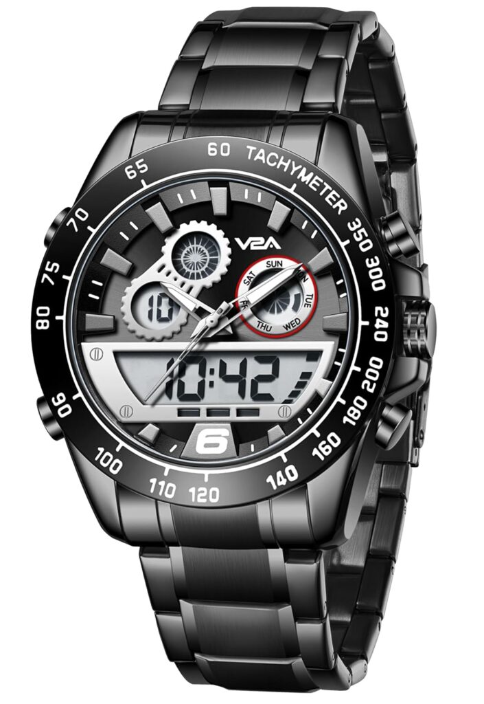 V2A Fusion Series Analog-Digital Men’s Watch with Stainless Steel Band & Alloy Steel Case – Multifunctional with Alarm, Stopwatch, EL Backlight Watch for Men | Gift for Men
