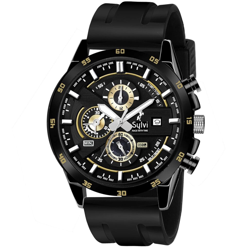 Sylvi Working Chronograph Premium Watch for Men (Black-Gold-PU)