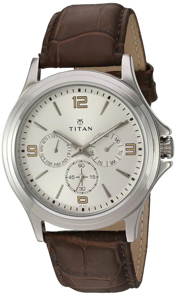Titan Quartz Multifunction Silver Dial Leather Strap Watch for Men-NS1698SL01/NT1698SL01